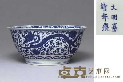UNDERGLAZE BLUE JIAJING SIX-CHARACTER MARK AND OF THE PERIOD（1522-66） A LARGE LATE MING BLUE AND WHITE’DRAGON’BOWL 